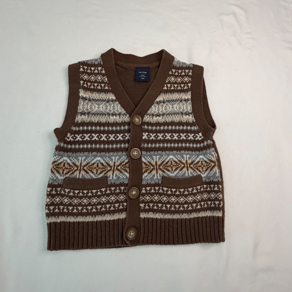 BabyGap Brown Fair Isle Knit Sweater Vest 6-12 Months Cotton Button Front
